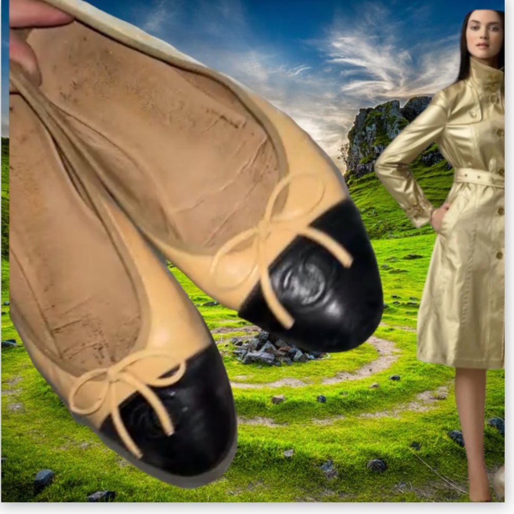 Chanel Two Tone Cap Toe Flats Beige Black